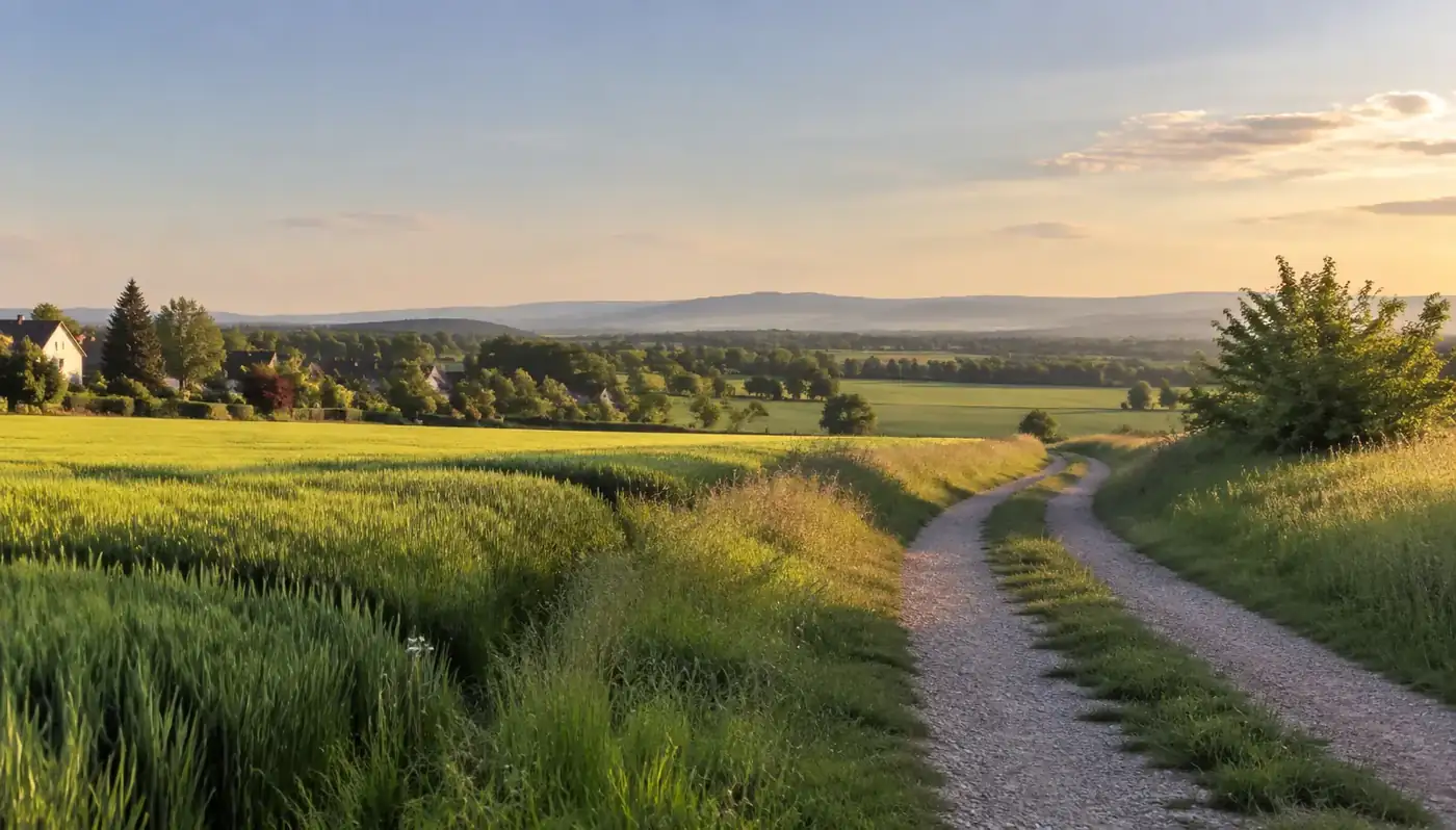 Felder und Weg am Rand eines Wohnorts in der Rheinebene