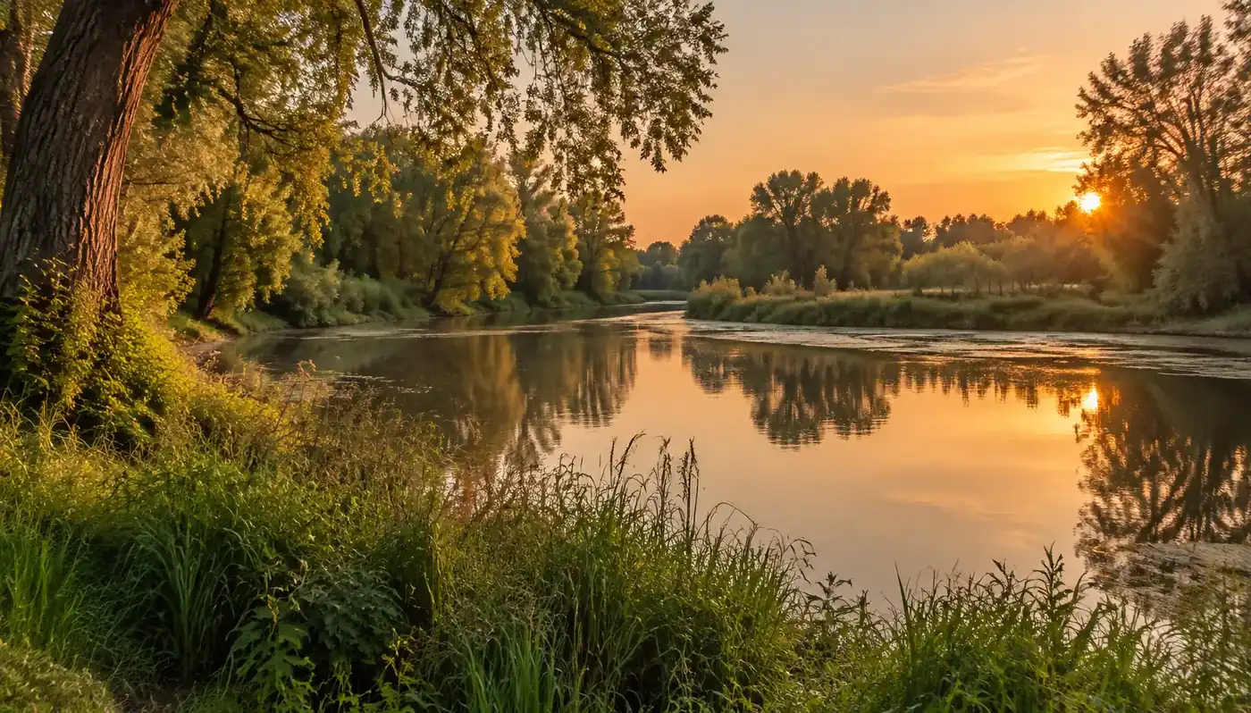 Auwald und ruhiges Gewässer in der Rheinebene