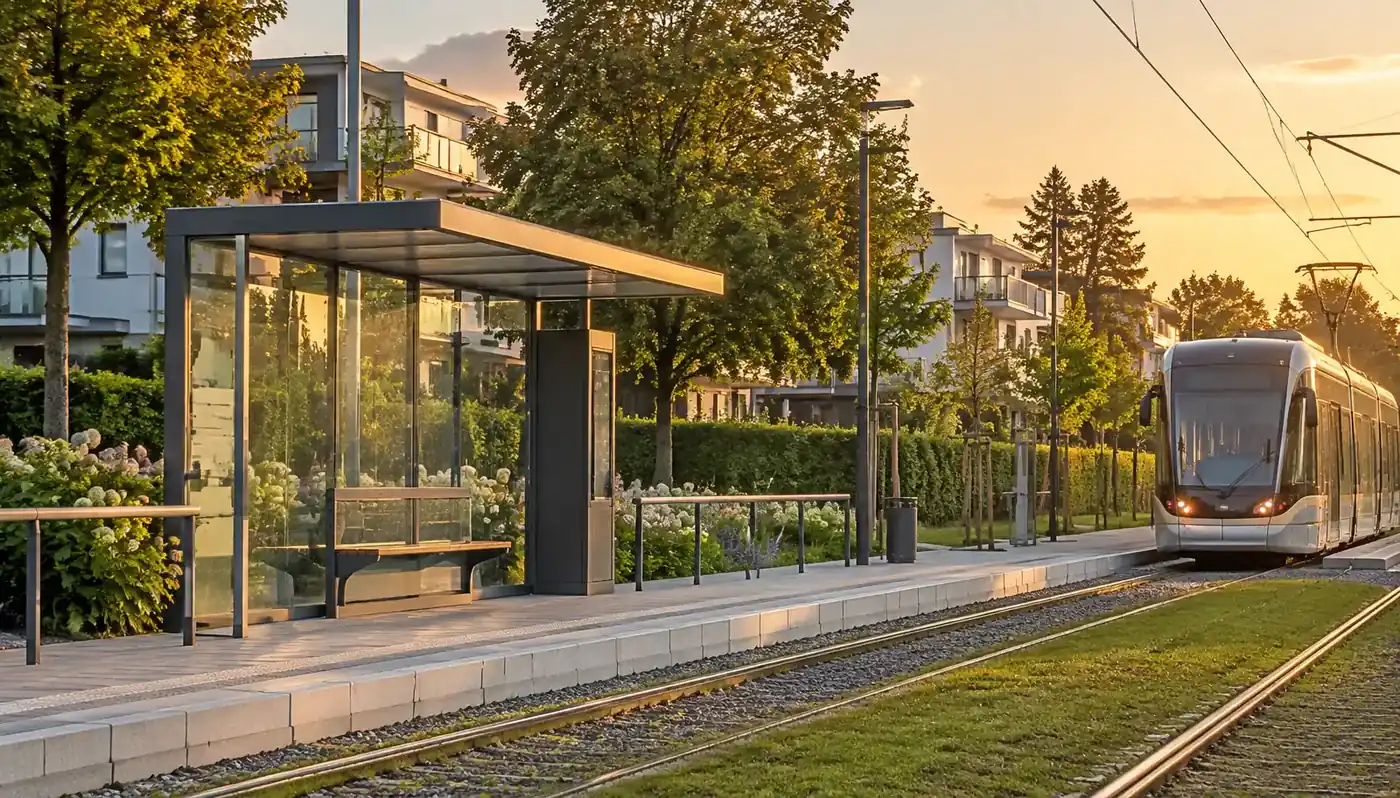Stadtbahnhaltestelle in einem Wohnort der Rheinebene