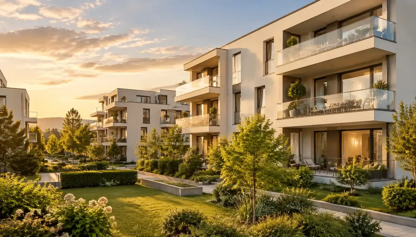 Moderne Wohnanlage mit Balkonen in der Rheinebene