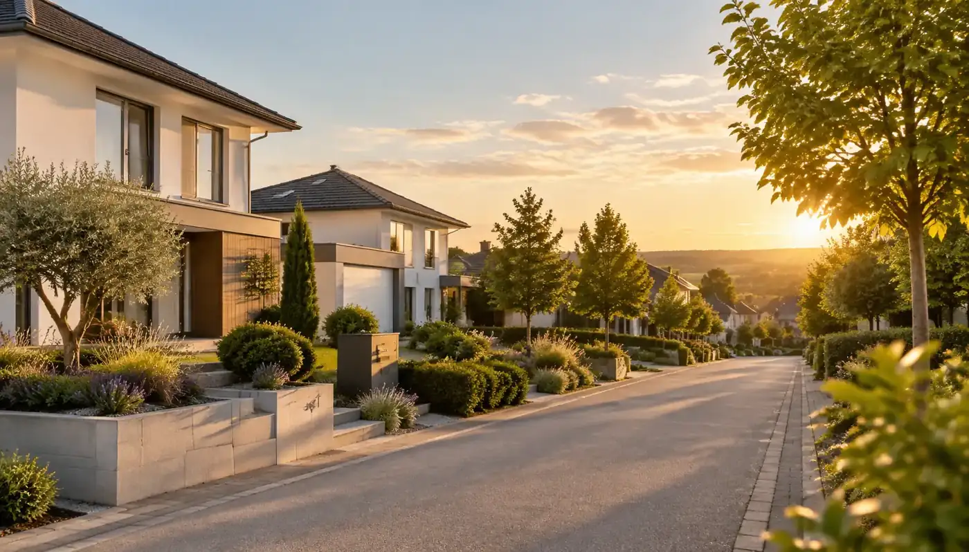 Wohnstraße mit Einfamilienhäusern in der Rheinebene