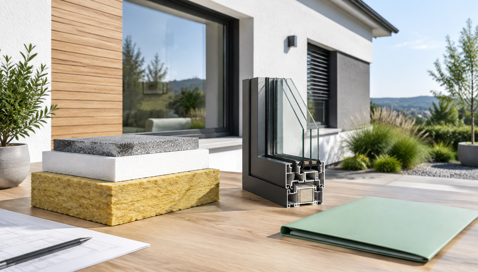 Modernes Wohnhaus mit Dämmstoff- und Fensterprofilen zum Energieausweis