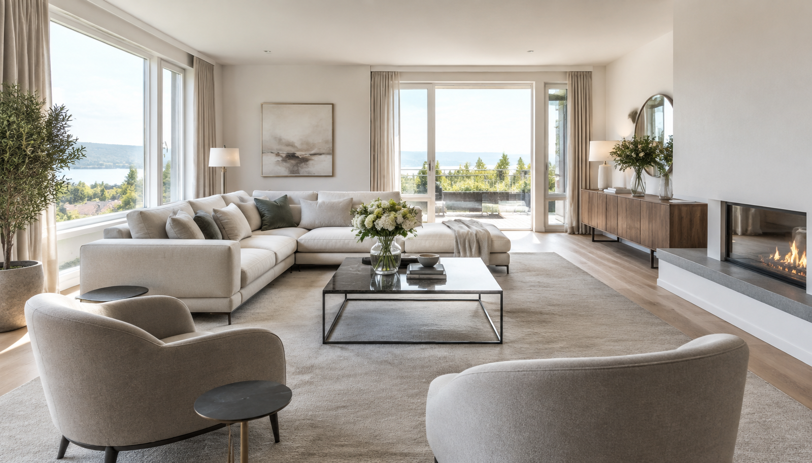 Hochwertig eingerichteter heller Wohnraum für das Home Staging