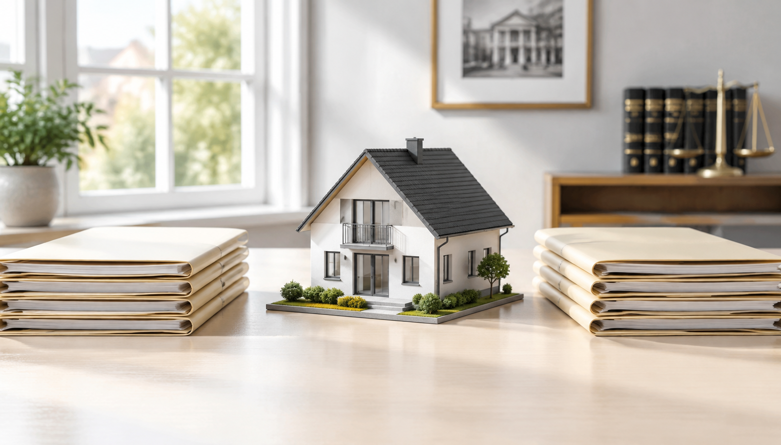 Hausmodell und geordnete Unterlagen zur Ermittlung von Pflichtteil und Immobilienwert