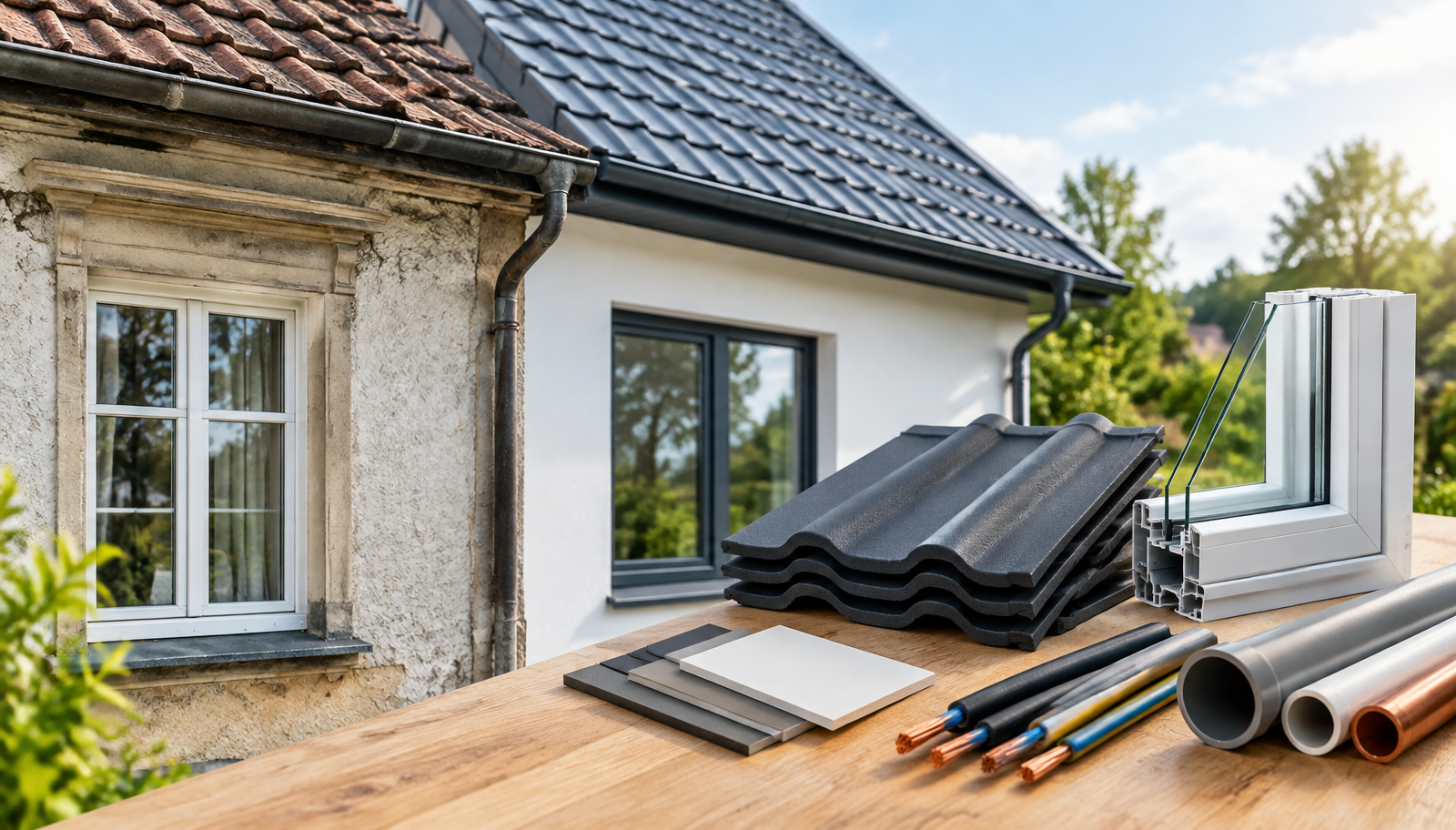 Ältere und modernisierte Hausfassade mit geordneten Baumaterialien