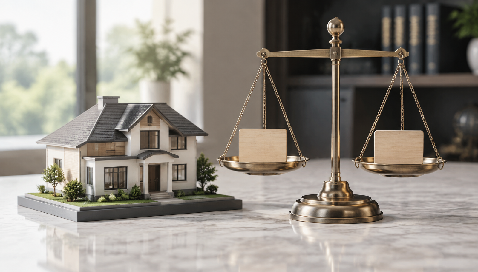 Hausmodell, Waage und Gutachtenunterlagen zum Zugewinnausgleich