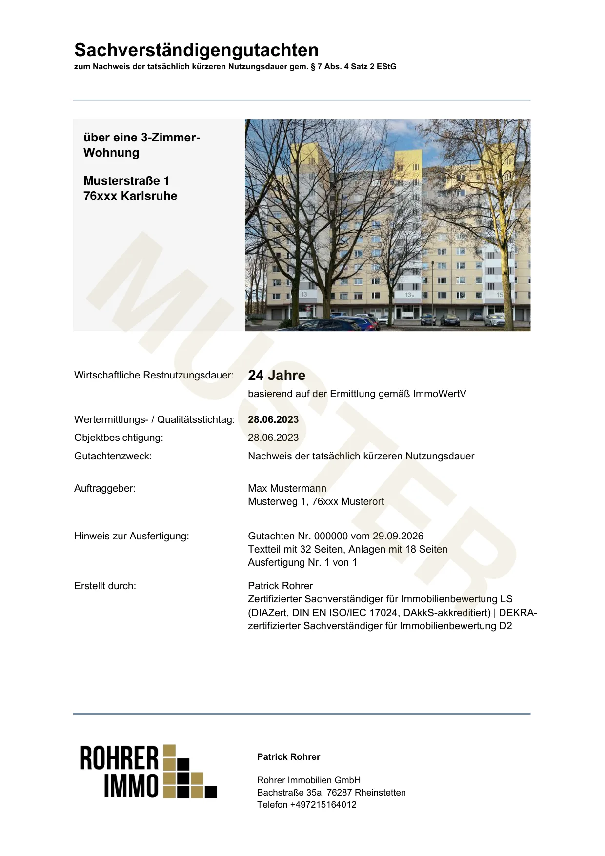 Beispiel-Deckblatt eines Restnutzungsdauer-Gutachtens von Rohrer Immobilien (anonymisiert)