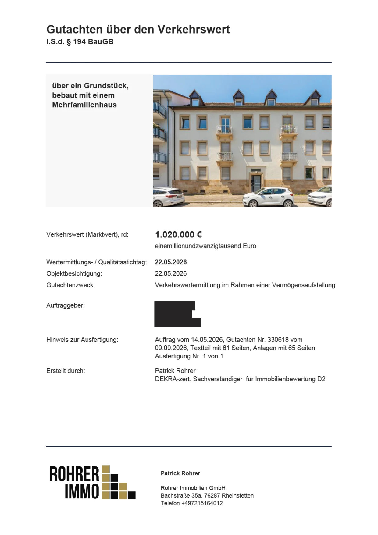 Beispiel-Deckblatt eines Verkehrswertgutachtens von Rohrer Immobilien (anonymisiert)